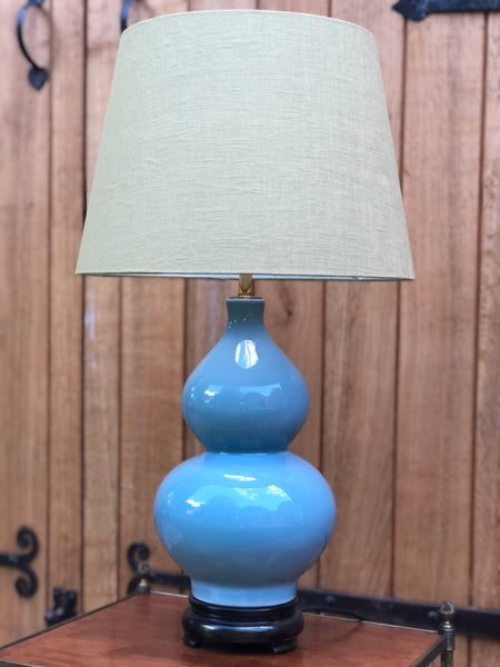 SOLD. Pale Blue Ceramic Gourd Table Lamp