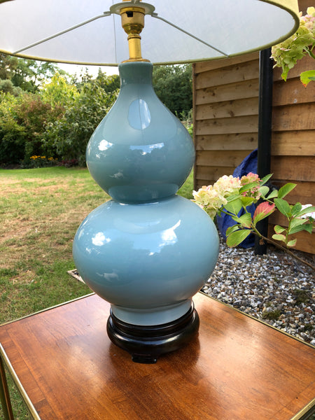 SOLD. Pale Blue Ceramic Gourd Table Lamp