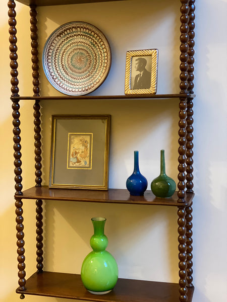 Pretty mahogany bobbin hanging shelves