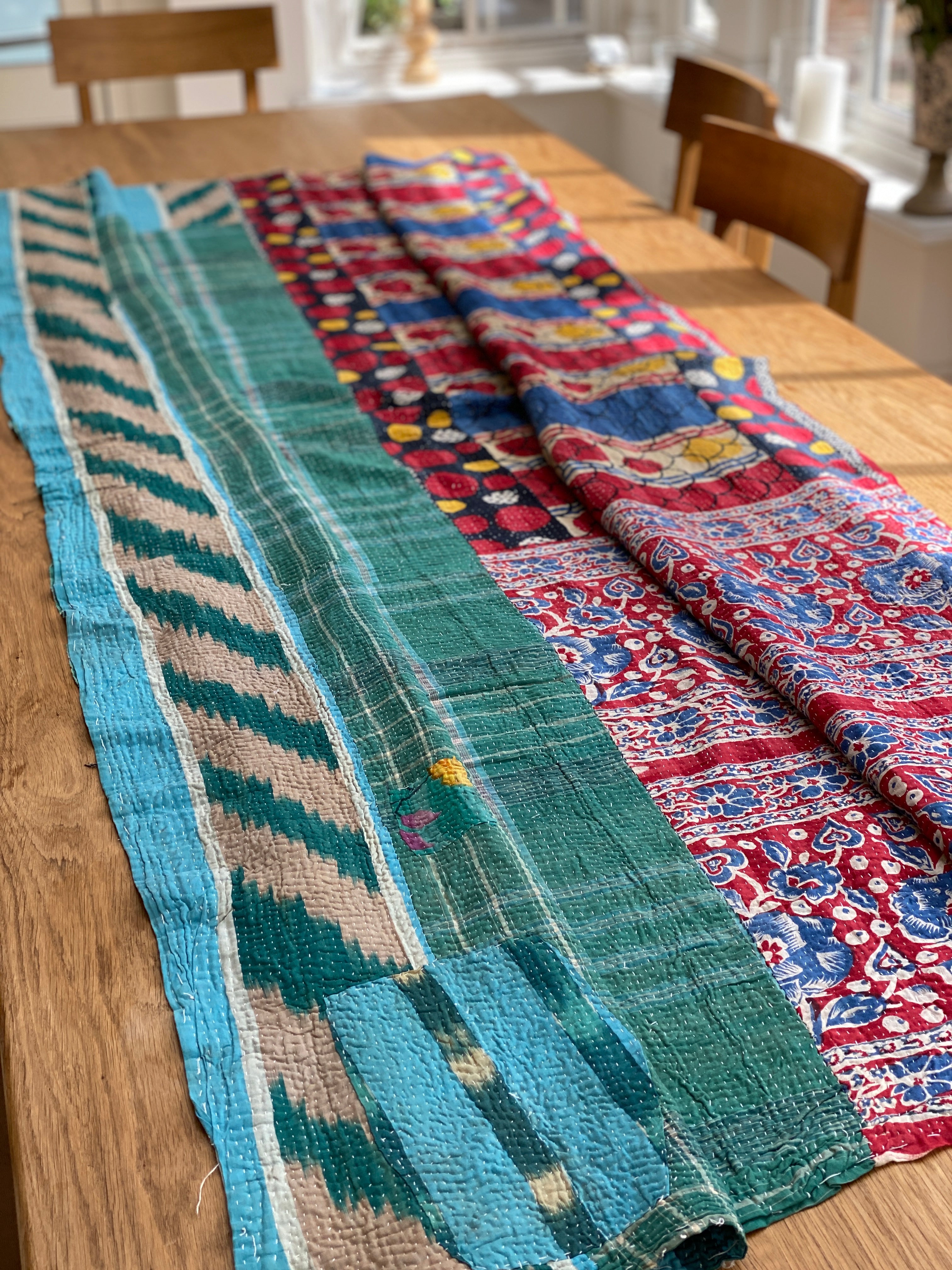 Vintage Kantha Quilt - Red,Blue Yellow