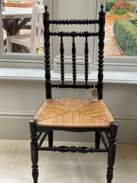 French ebonised nursing chair with rush seat