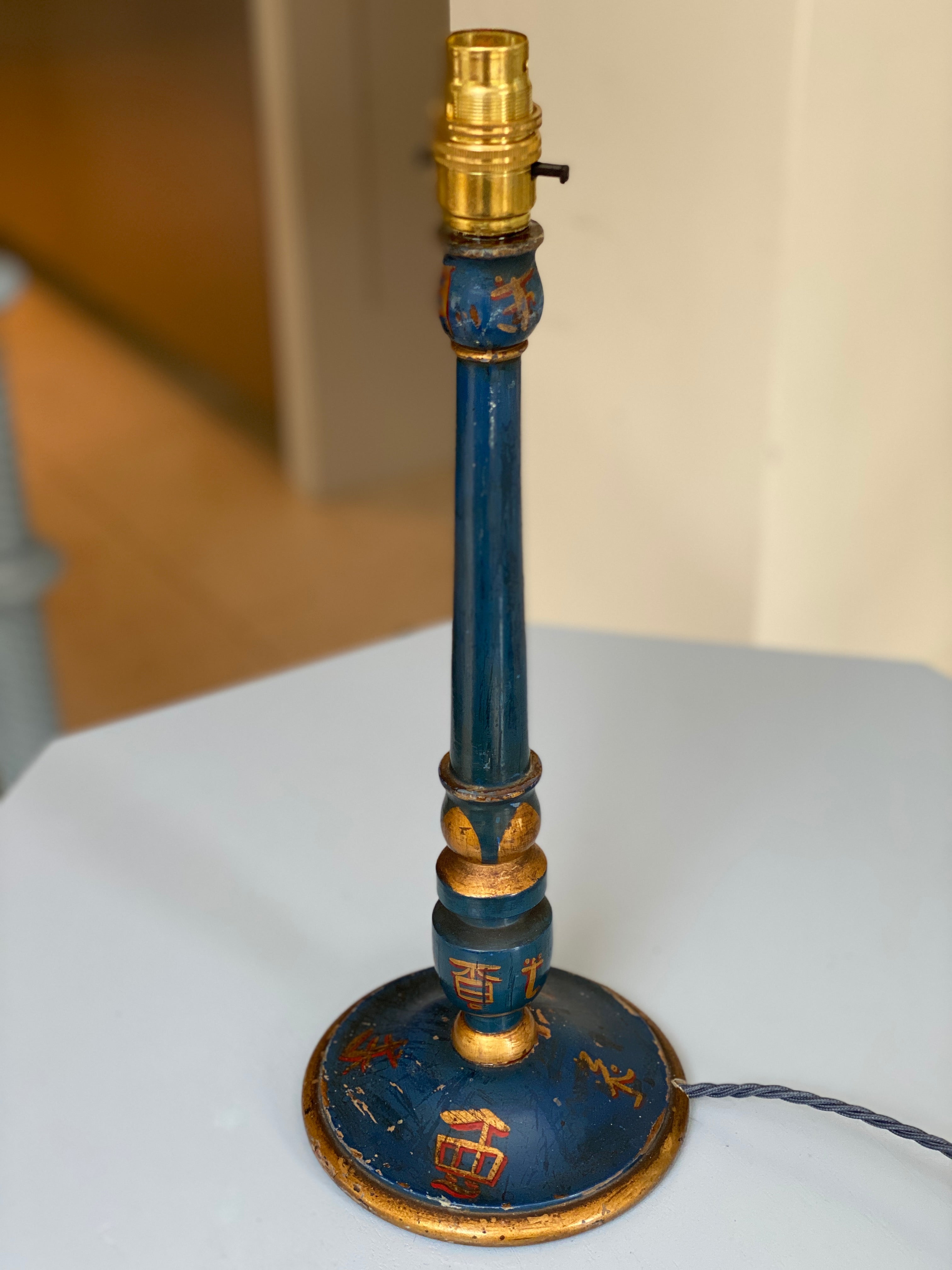 Charming Blue Chinoiserie Candlestick Lamp