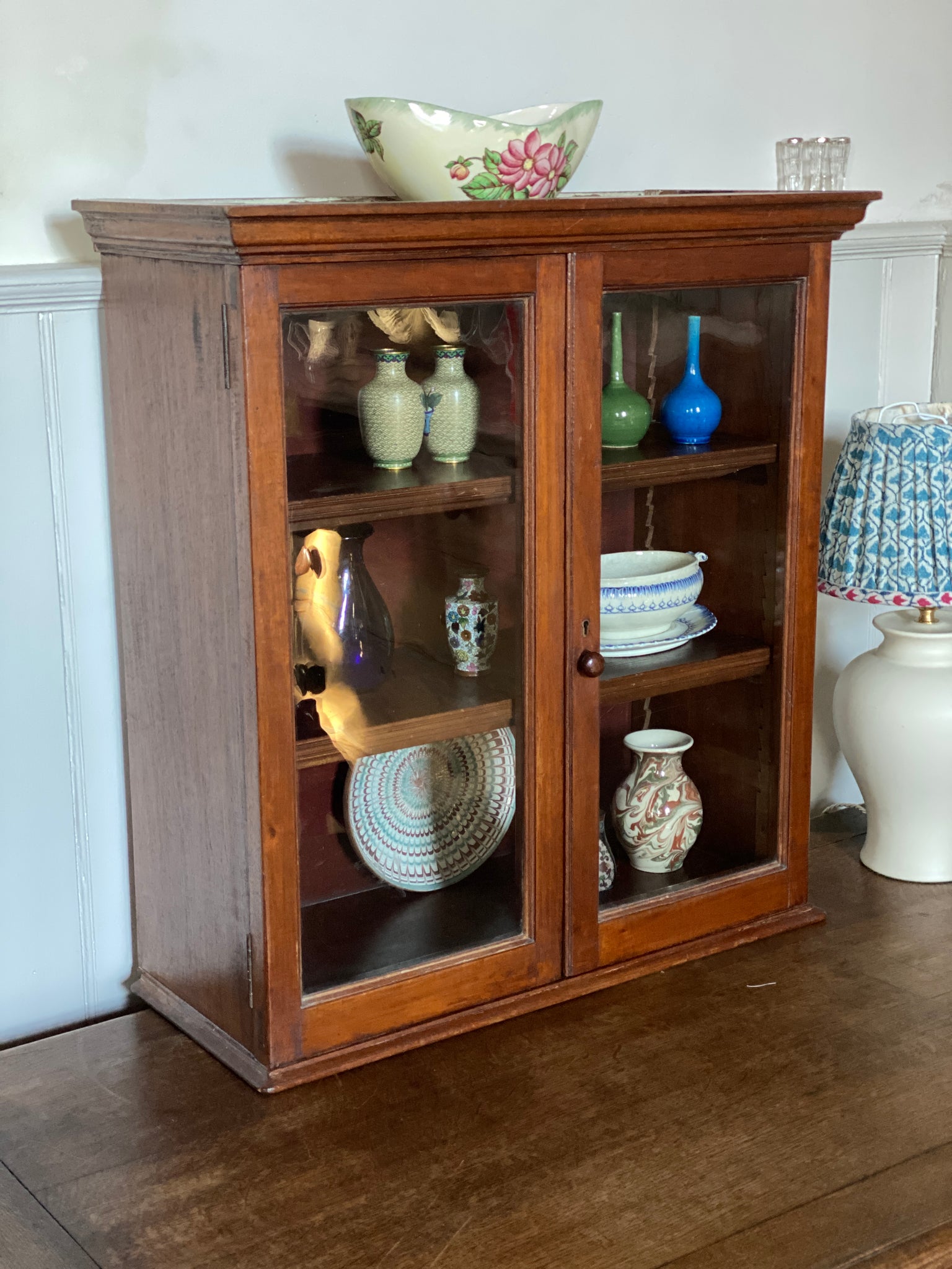 Charming Small Mahogany Glazed Counter top or Wall Cupboard