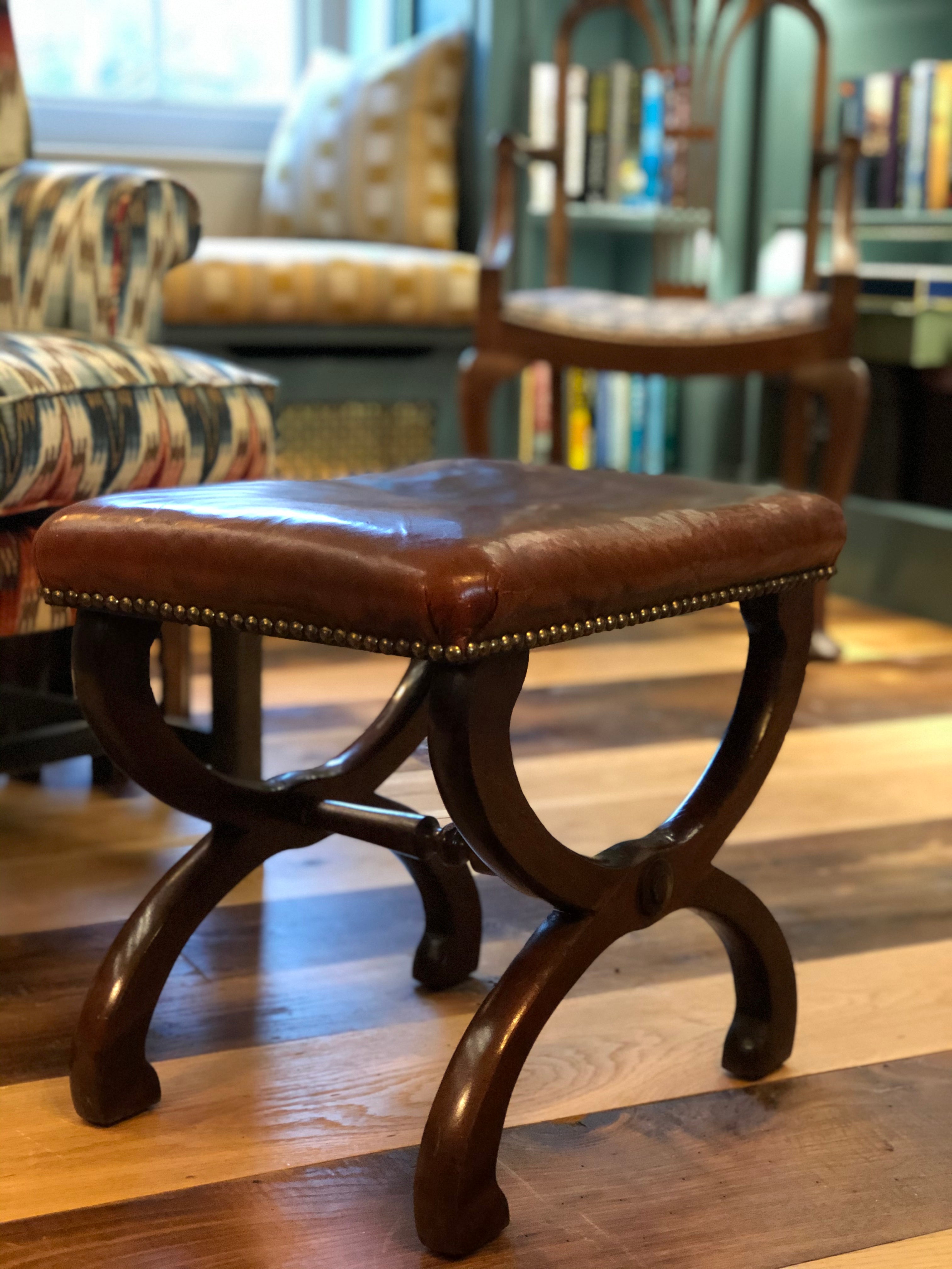 Antique leather X Frame Stool