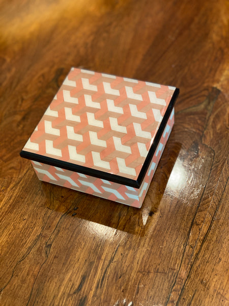 Small Italian Marquetry Box with Pink and White Geometric Pattern