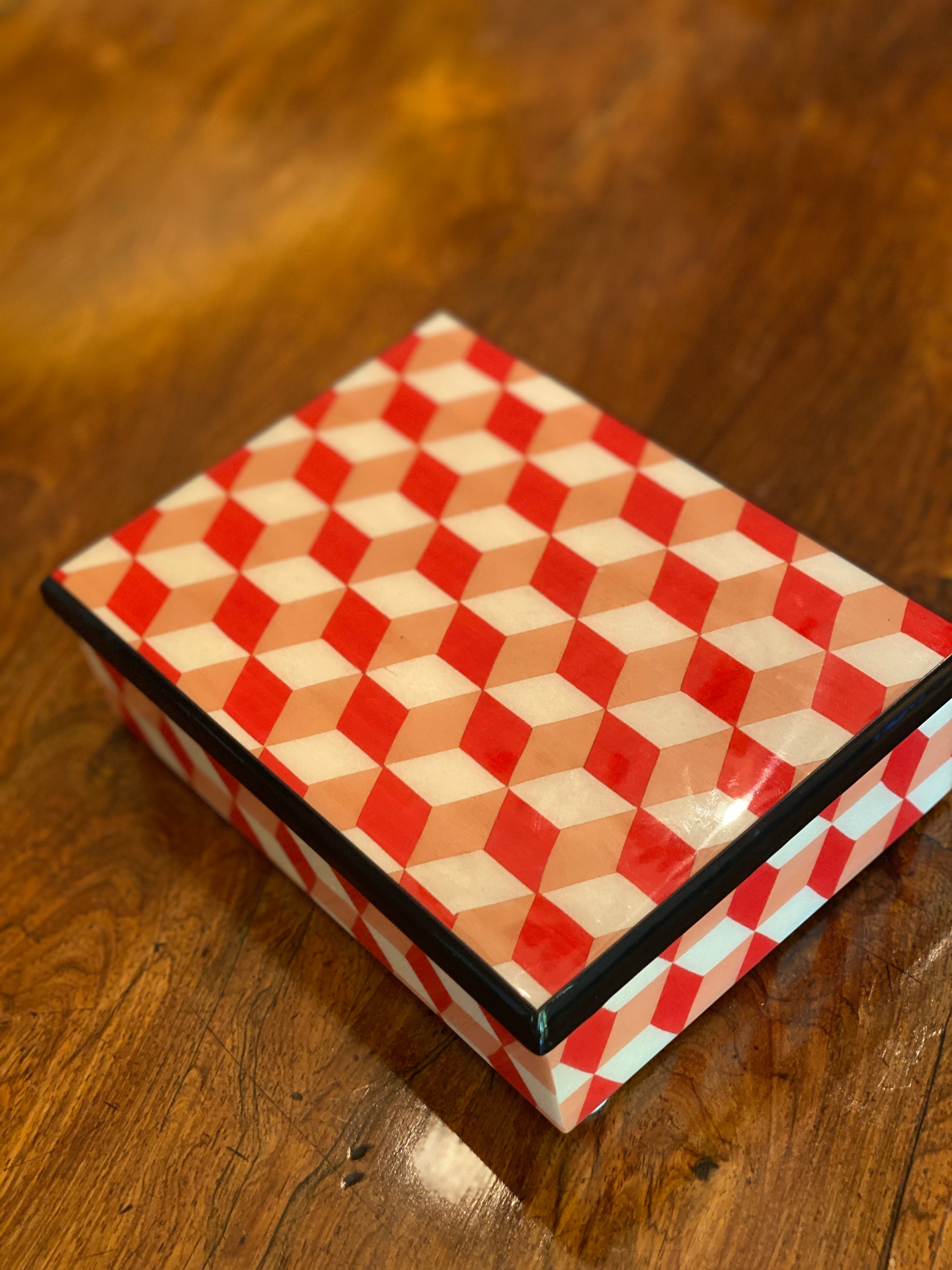 Medium Italian Marquetry Box with Red and White Geometric Pattern