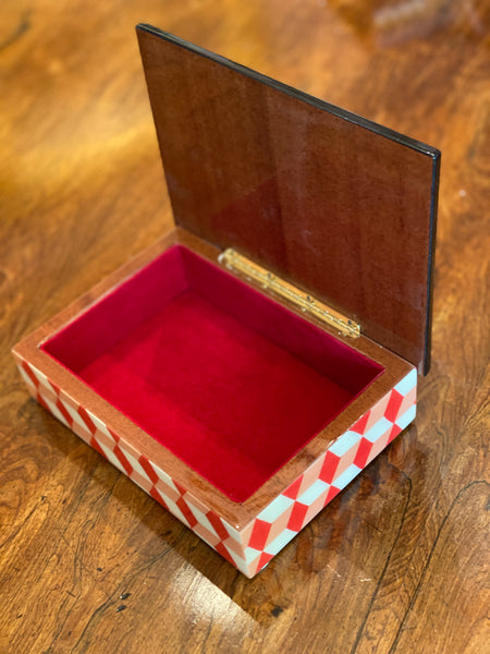 Medium Italian Marquetry Box with Red and White Geometric Pattern