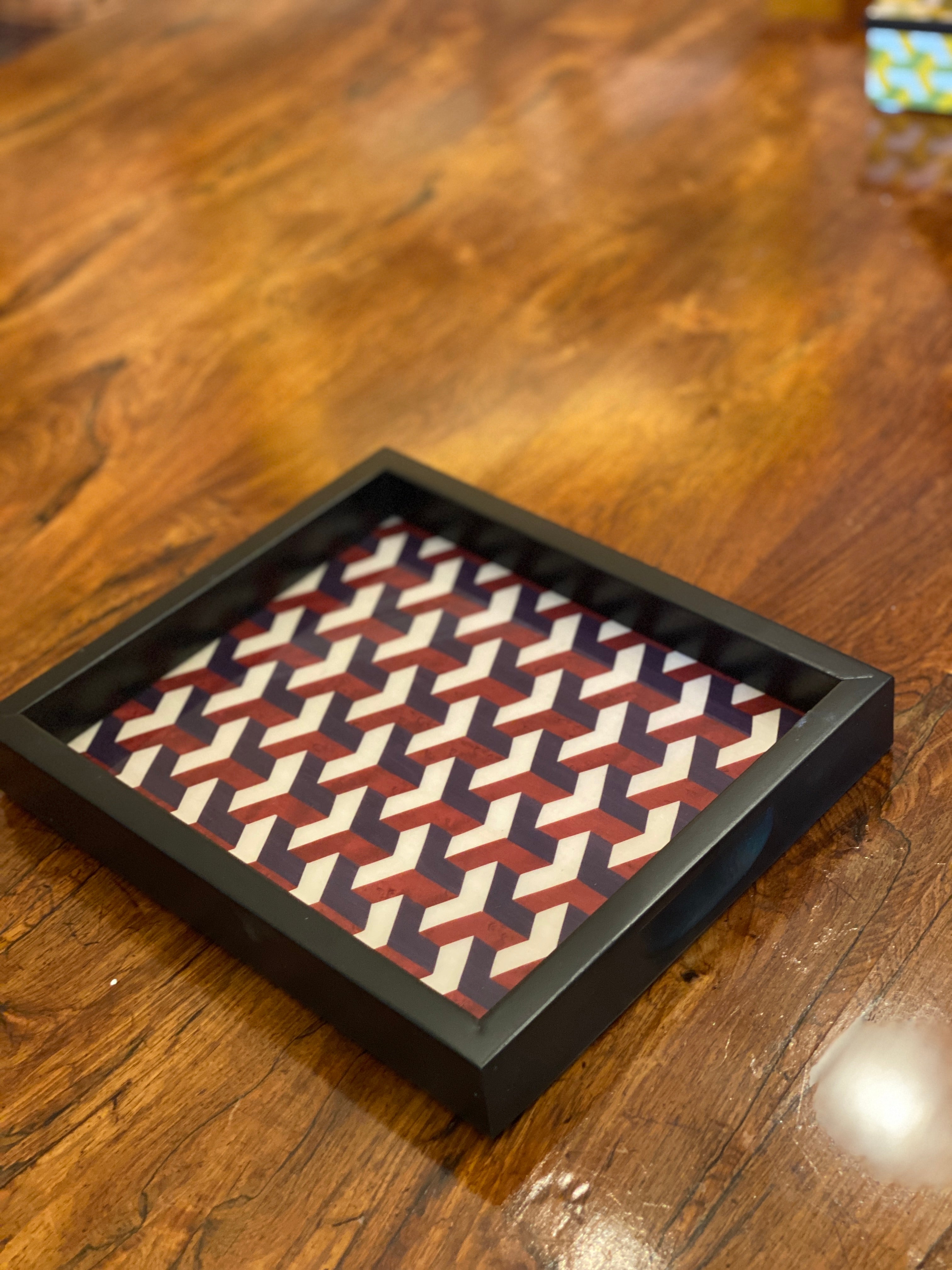 Small Geometric Italian Marquetry Tray- Red & Black