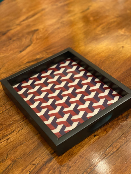 Small Geometric Italian Marquetry Tray- Red & Black
