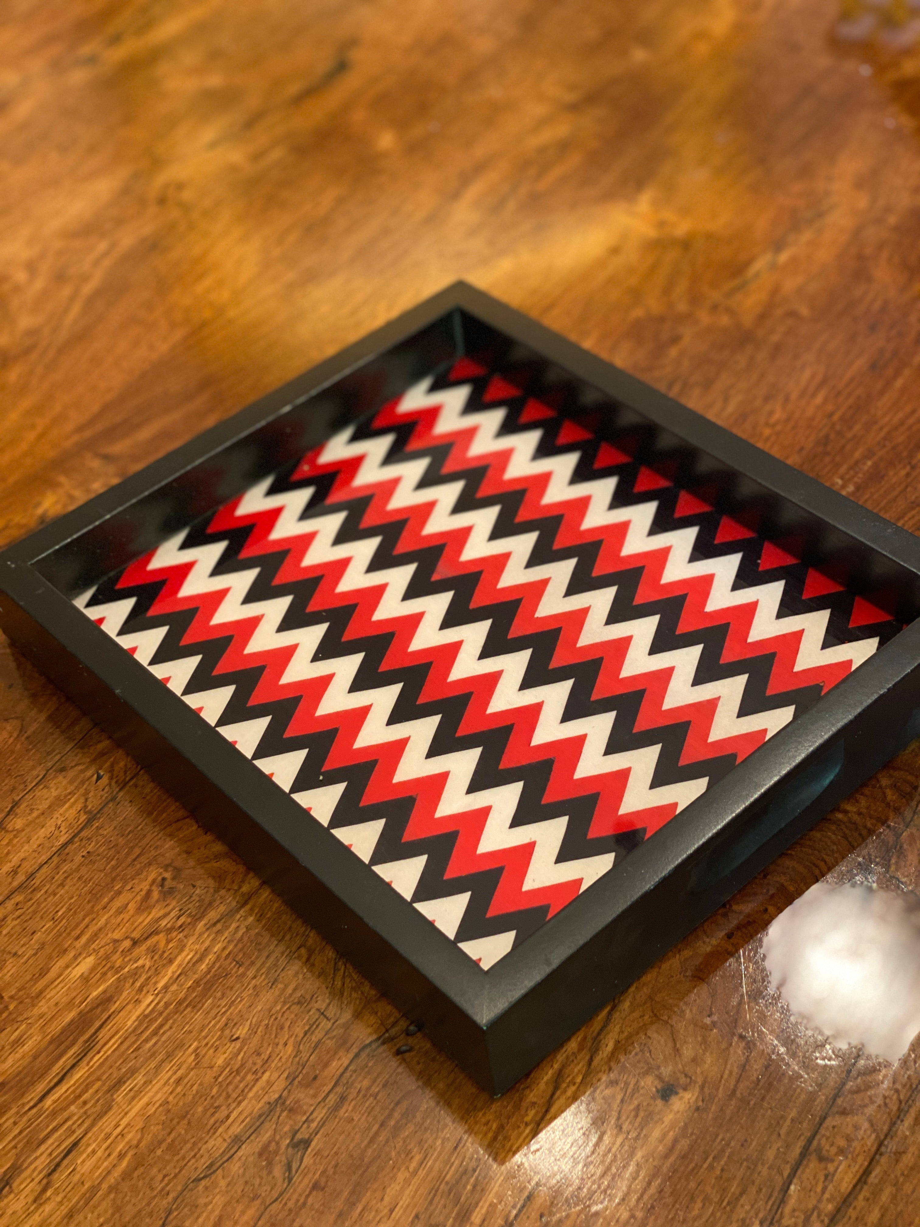 Small Italian Marquetry Tray- Red, Black and white Chevron pattern