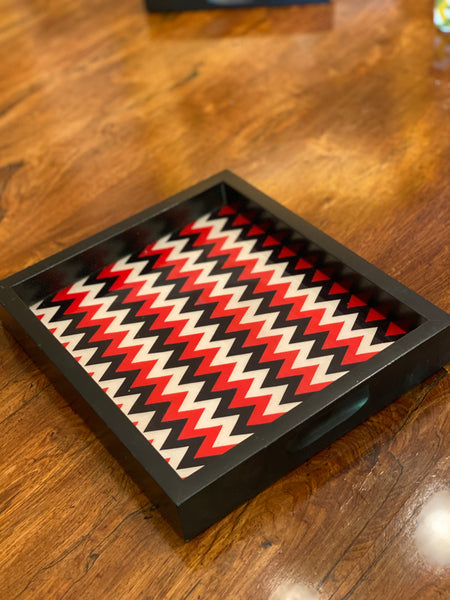 Small Italian Marquetry Tray- Red, Black and white Chevron pattern