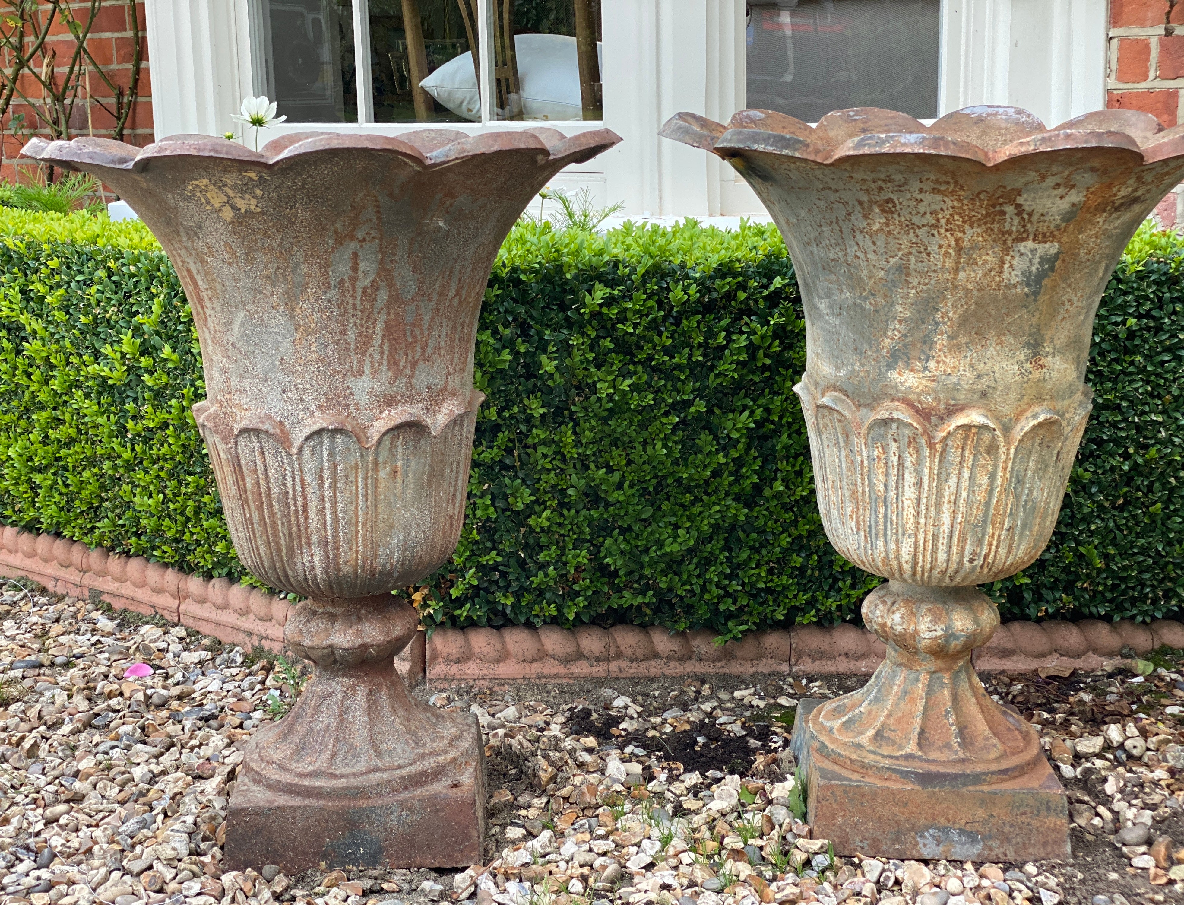 Pair of Late 19th/Early 20th C Cast Iron Tulip Urns