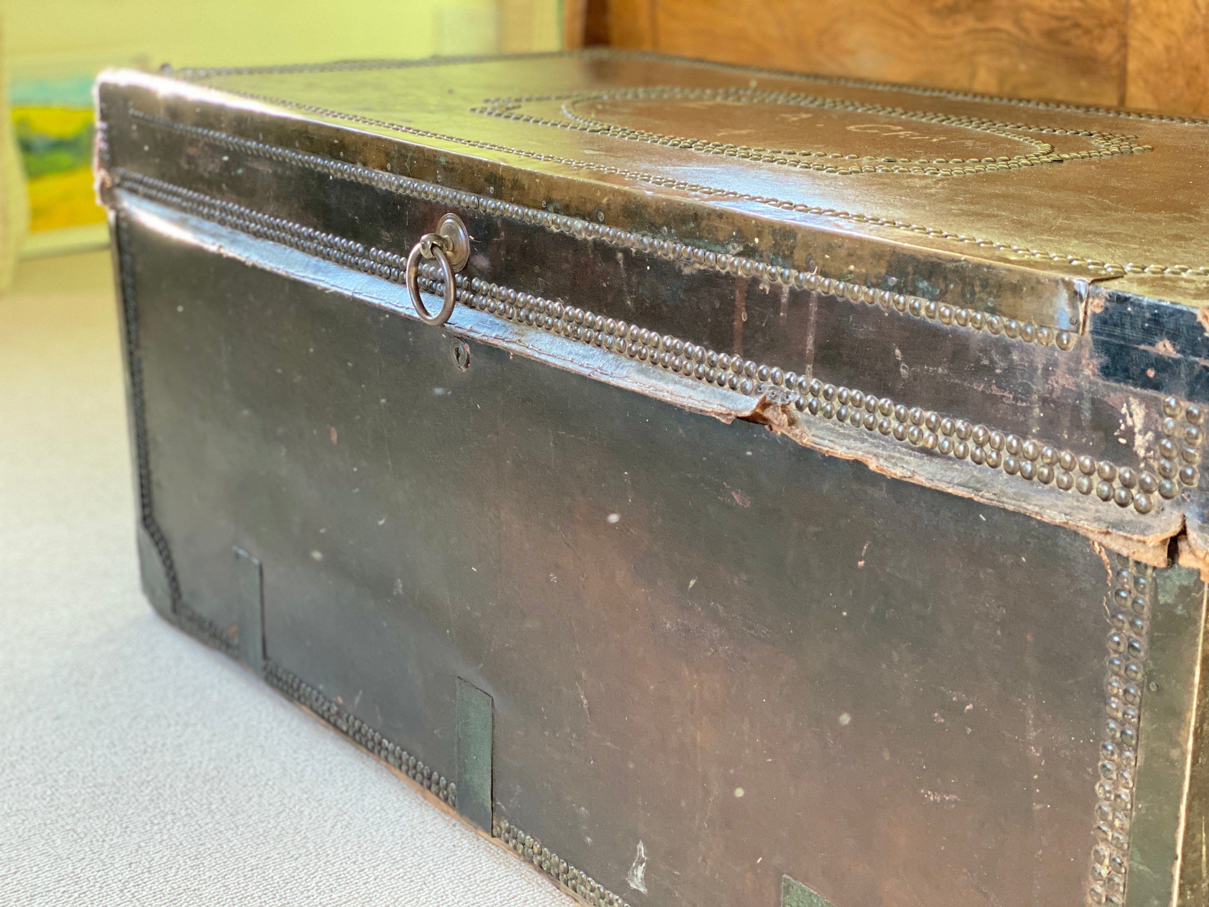 Rare 19th Century  large leather & camphor wood campaign chest