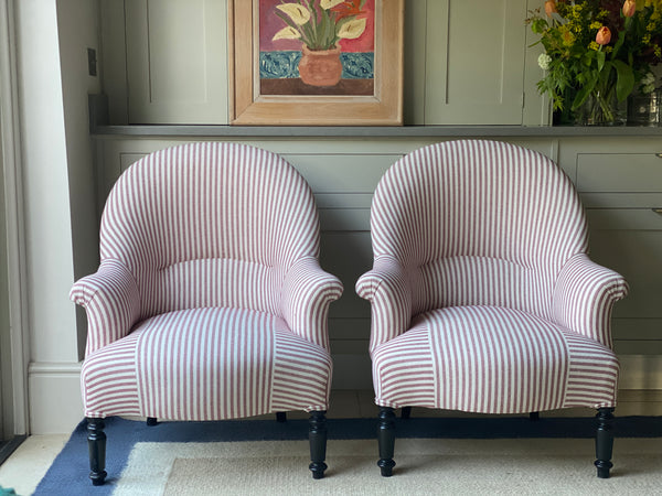 Pair of 19th C French Chairs in Red & White Ticking