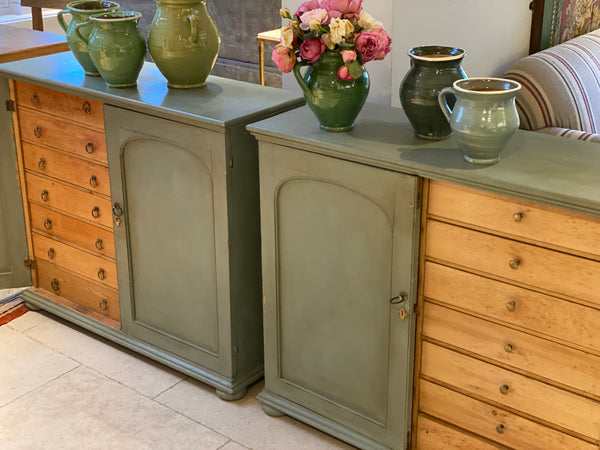 Really Attractive Pair of Painted Cupboards with 14 Drawers