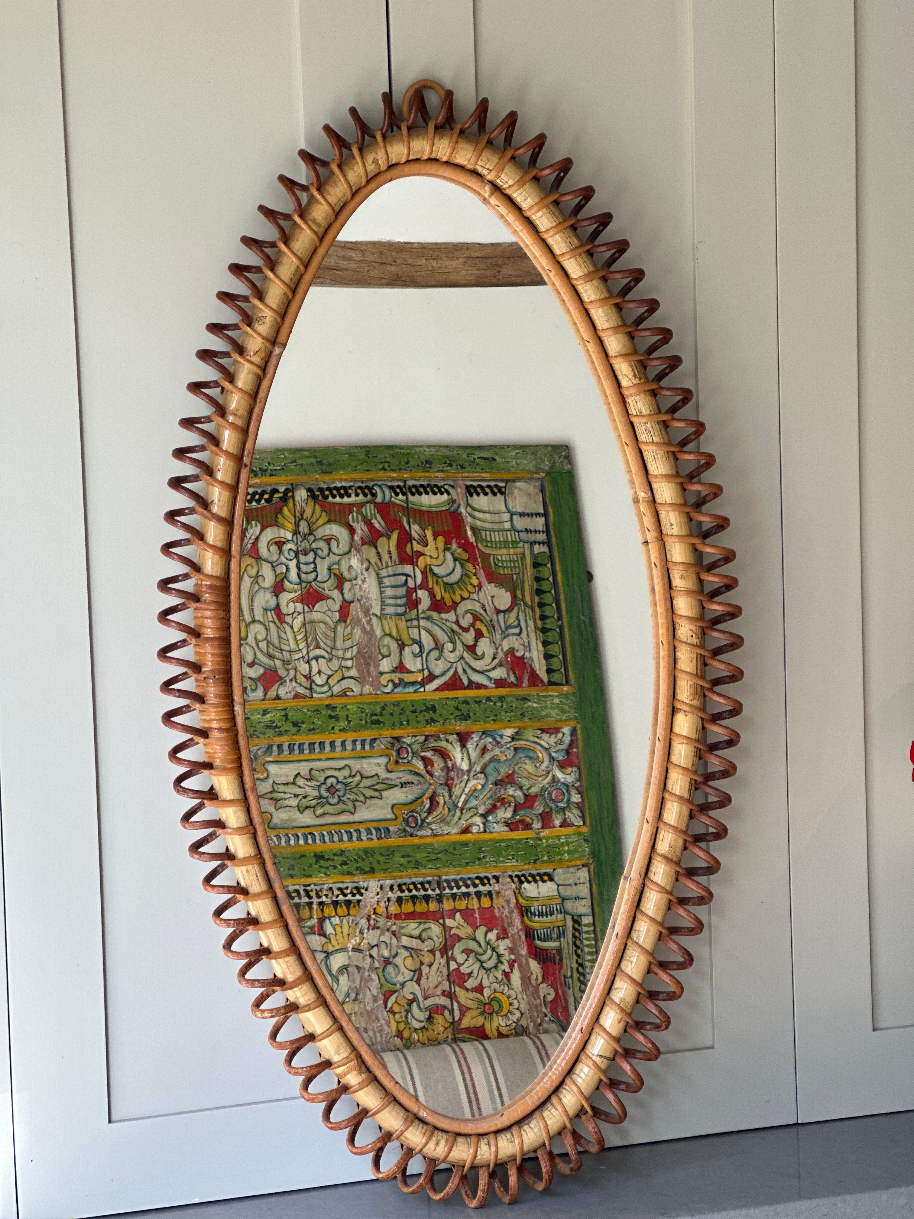 Large Italian 1950s Oval Rattan Mirror