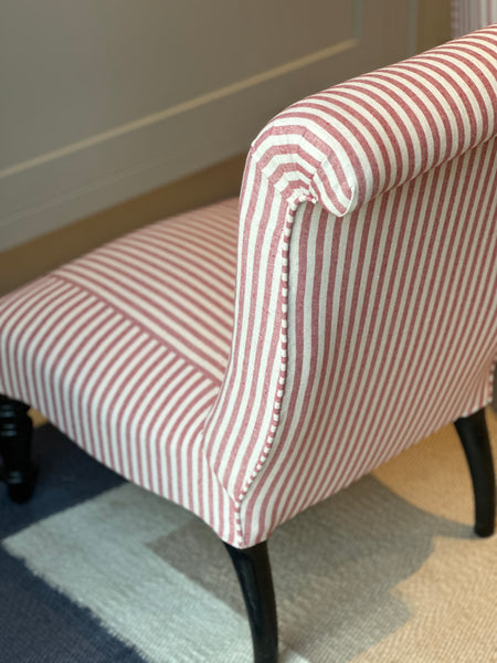 A Diminutive Pair of French Slipper Chairs in Red & White Ticking
