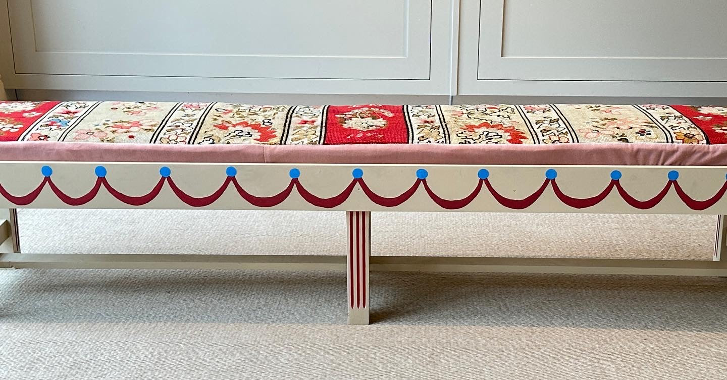 Long Painted Bench with Antique Needlepoint Cushion