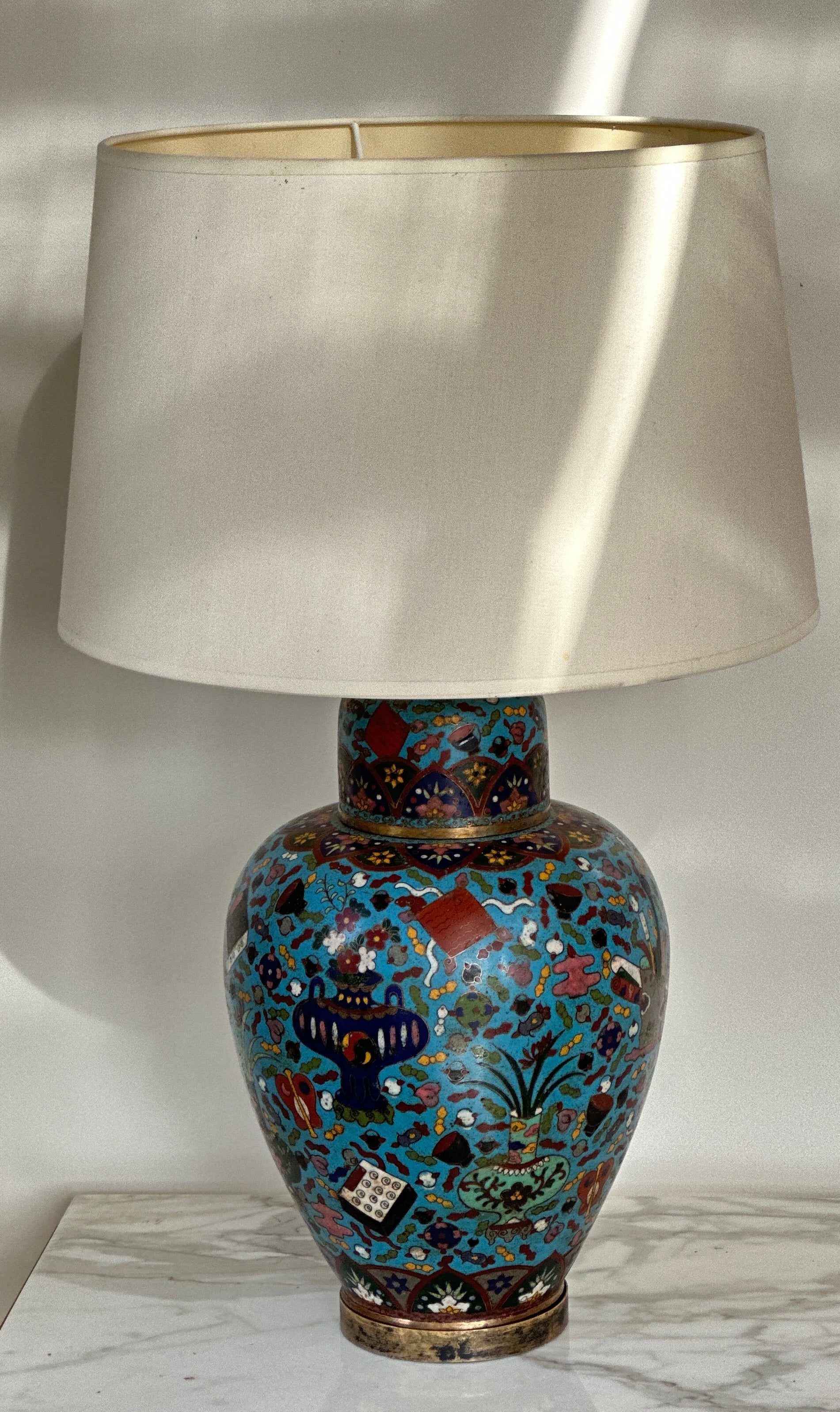 Antique Cloisonne Table Lamp on Brass Base