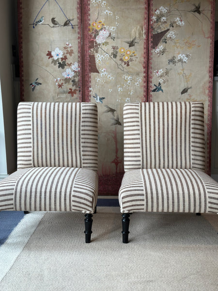 Pair of French Slipper Chairs in GG Olive Sacking Cocoa