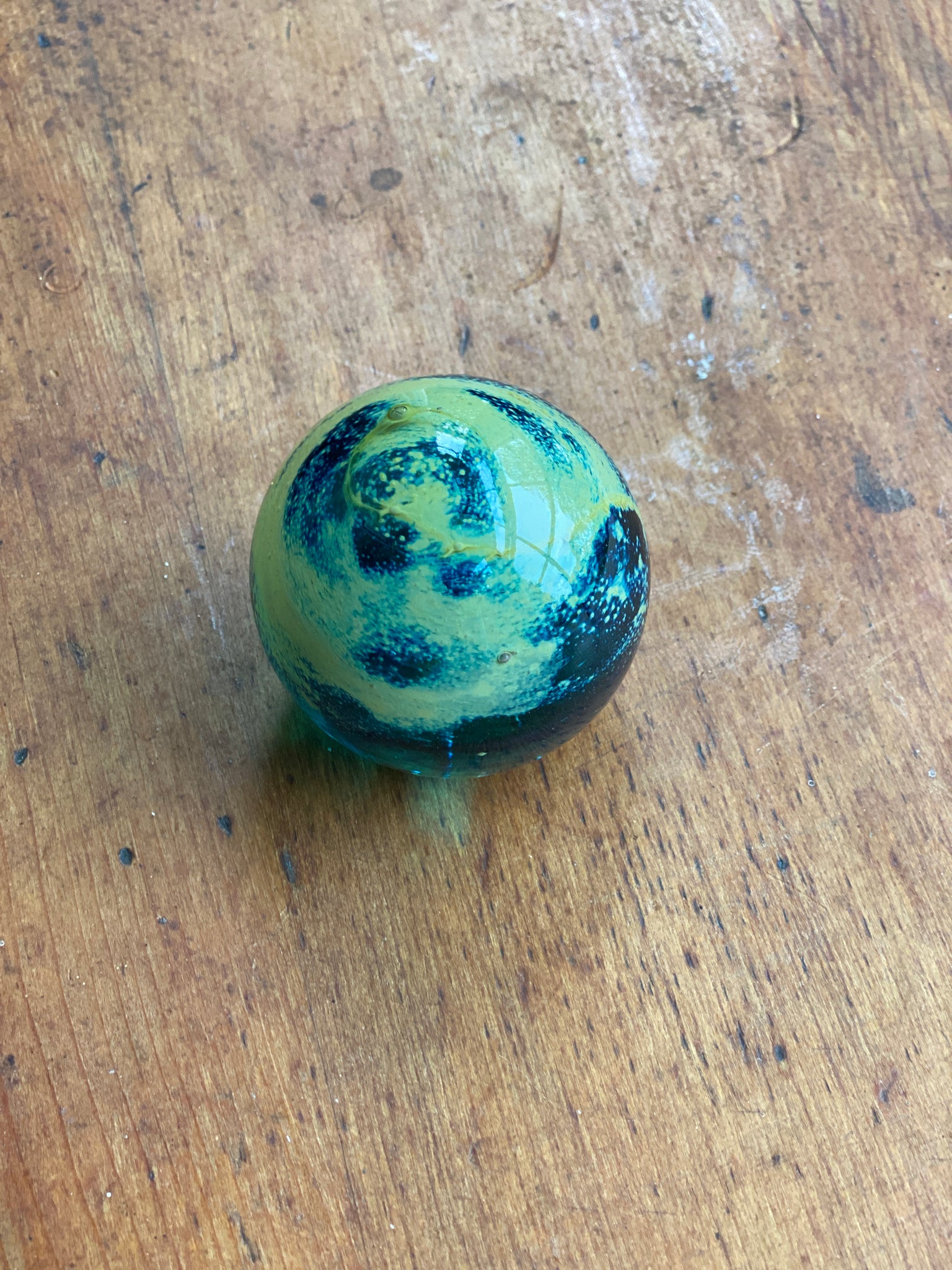 Lovely small green & blue glass paperweight