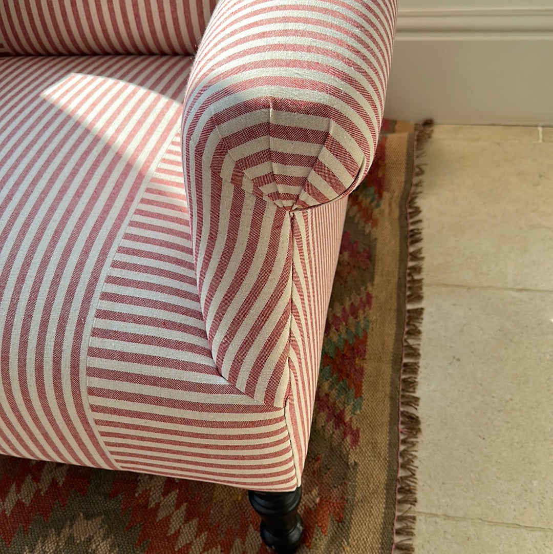 Pair of French Scroll back Armchairs on Red and White Ticking