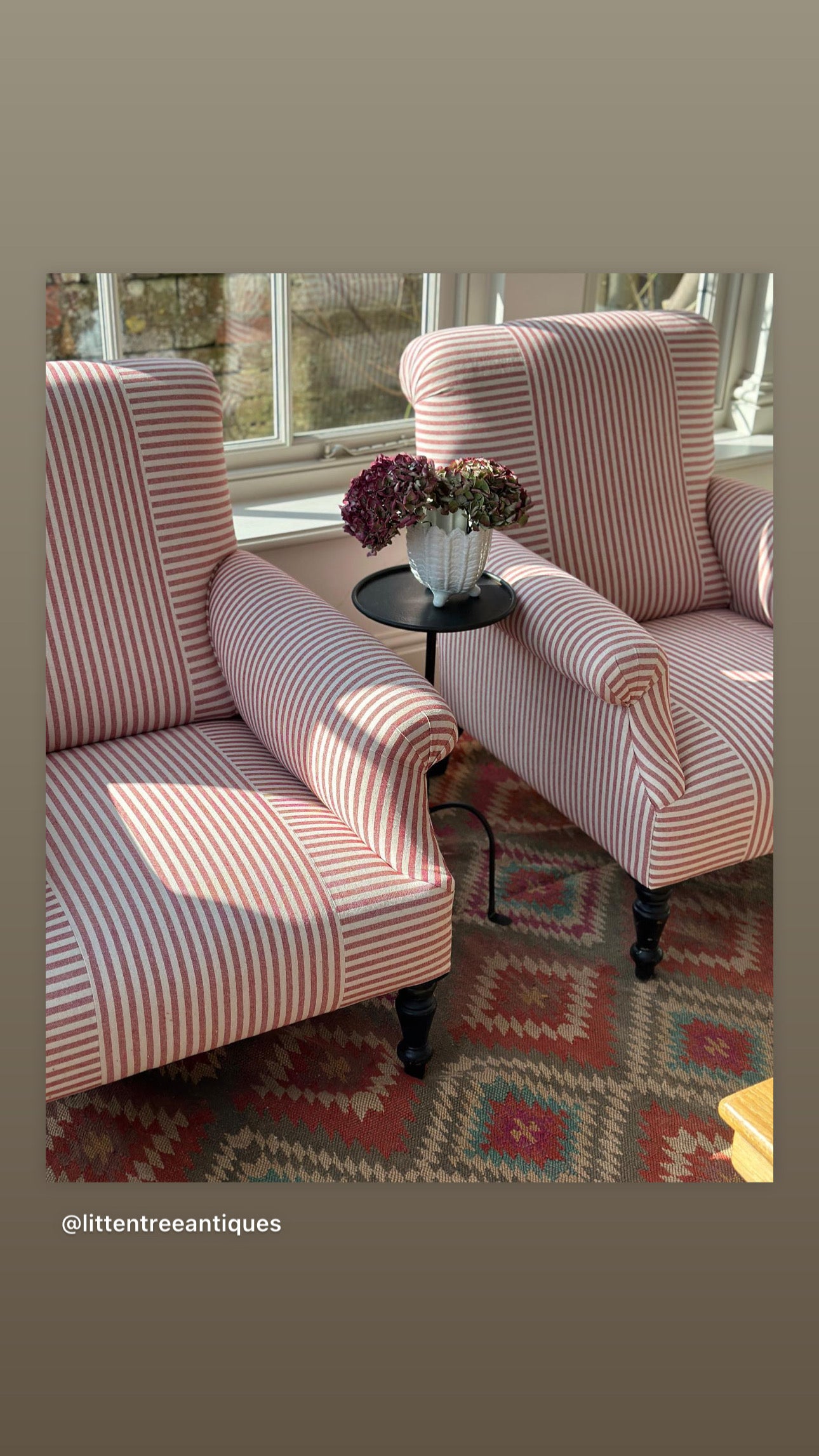 Pair of French Scroll back Armchairs on Red and White Ticking