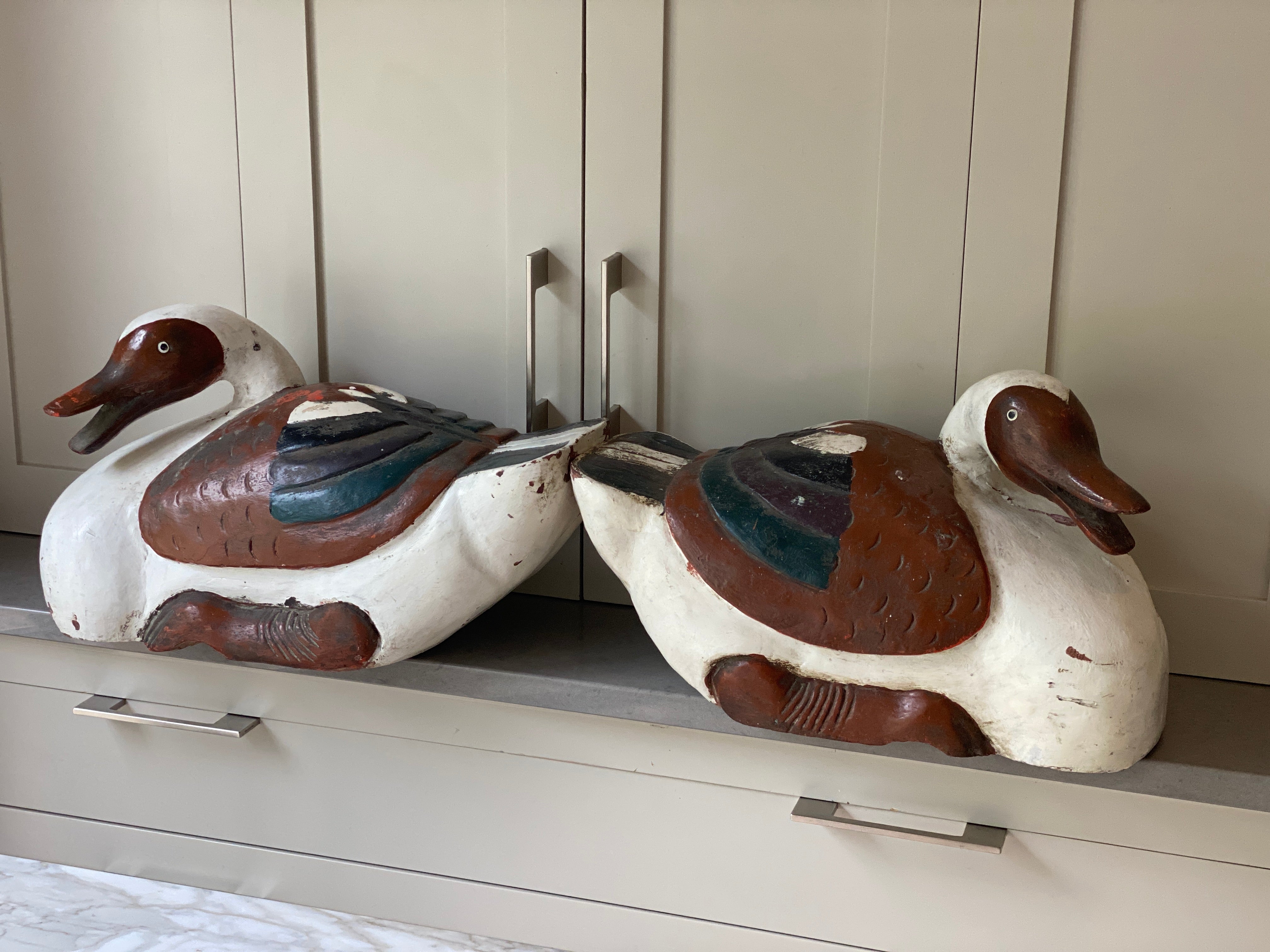 A Very Large Pair of Decorative Painted Geese