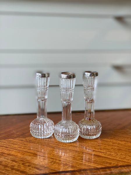 3 Pretty Silver and Cut Glass Bud Vases