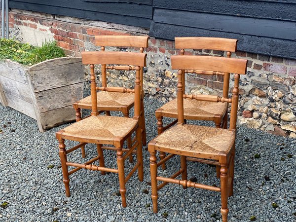 Charming Set of 4 Fruitwood and Rush Seat Chairs