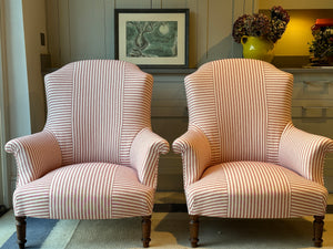 A Large Pair of Chapeau de Gendarme Chair in Red and White ticking