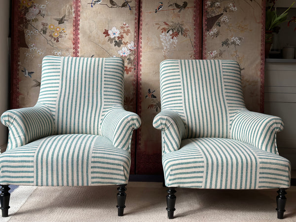 Pair of Square Back Chairs in GG Olive Sacking Peacock