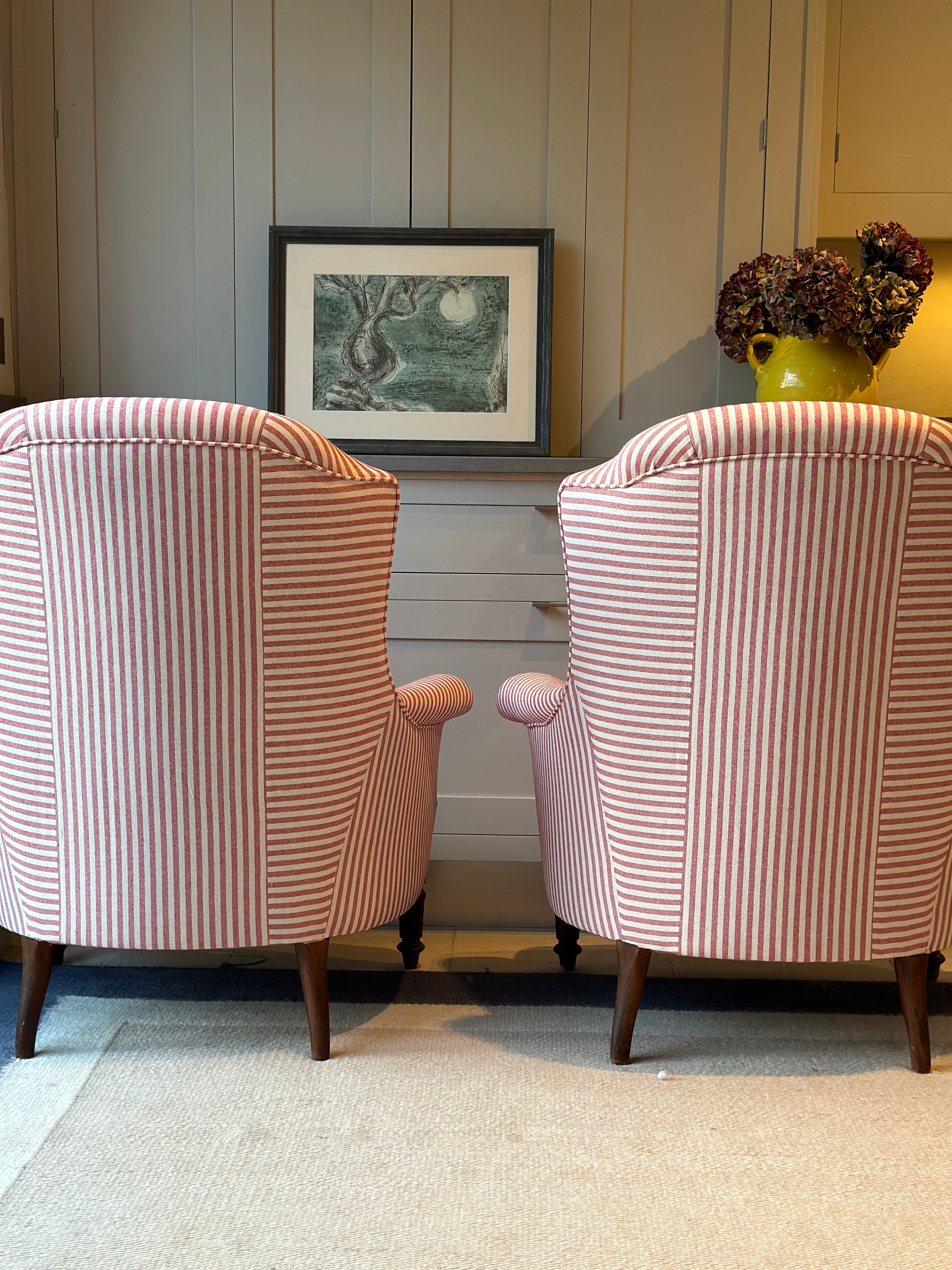 A Large Pair of Chapeau de Gendarme Chair in Red and White ticking