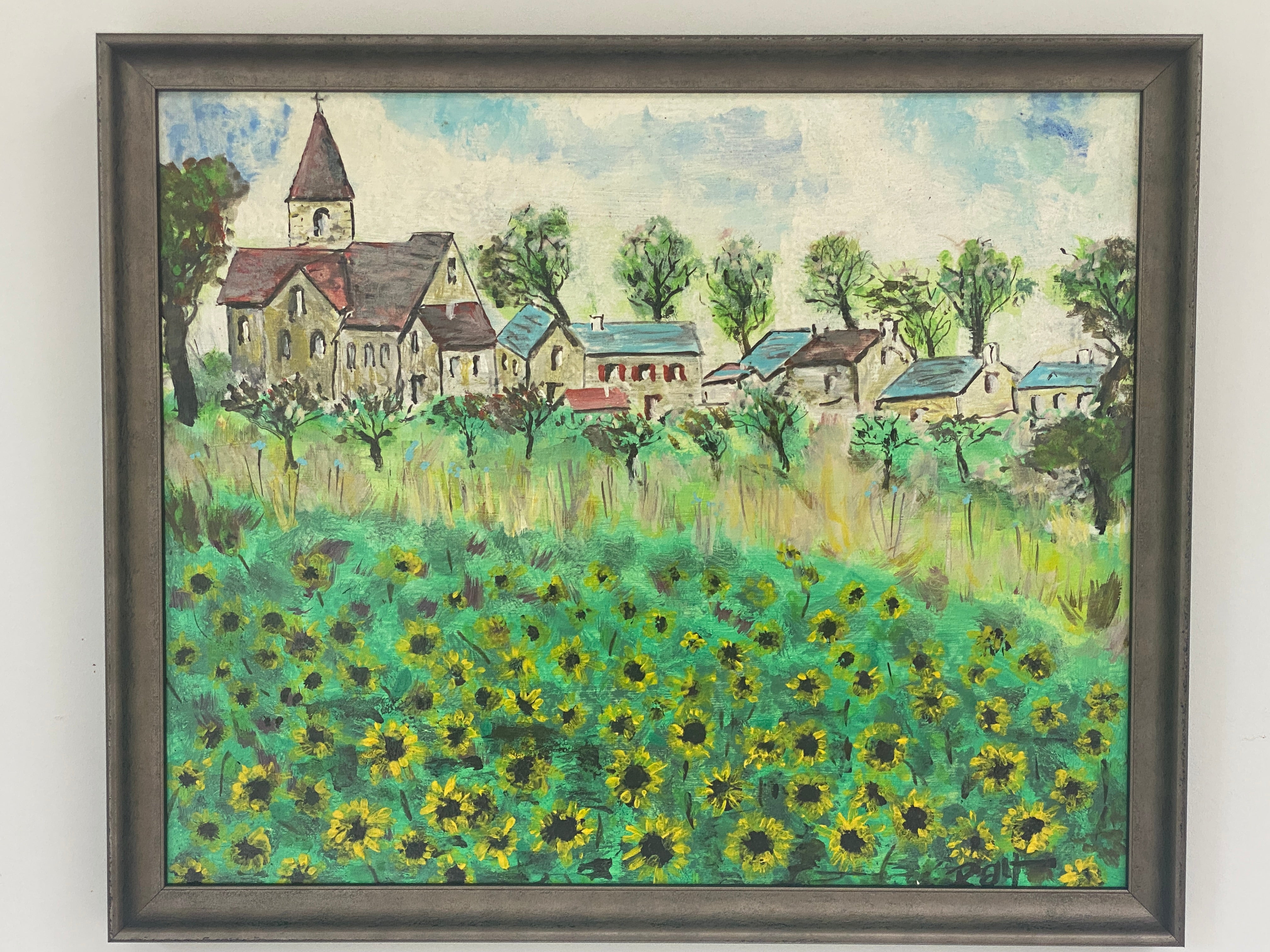 Village and Sunflowers Oil Painting