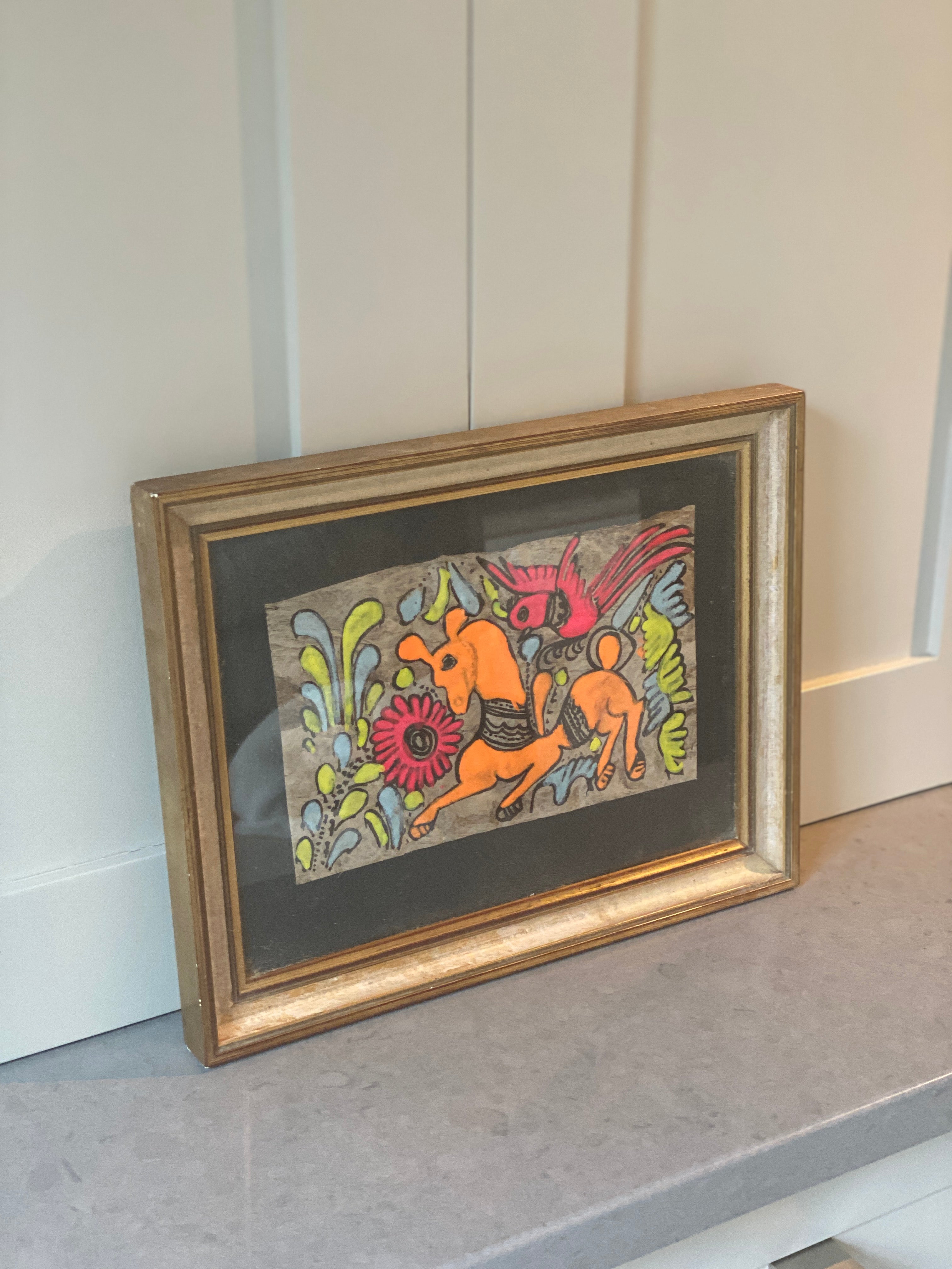 Framed Original Mid Century Surrealist Fable Gouache