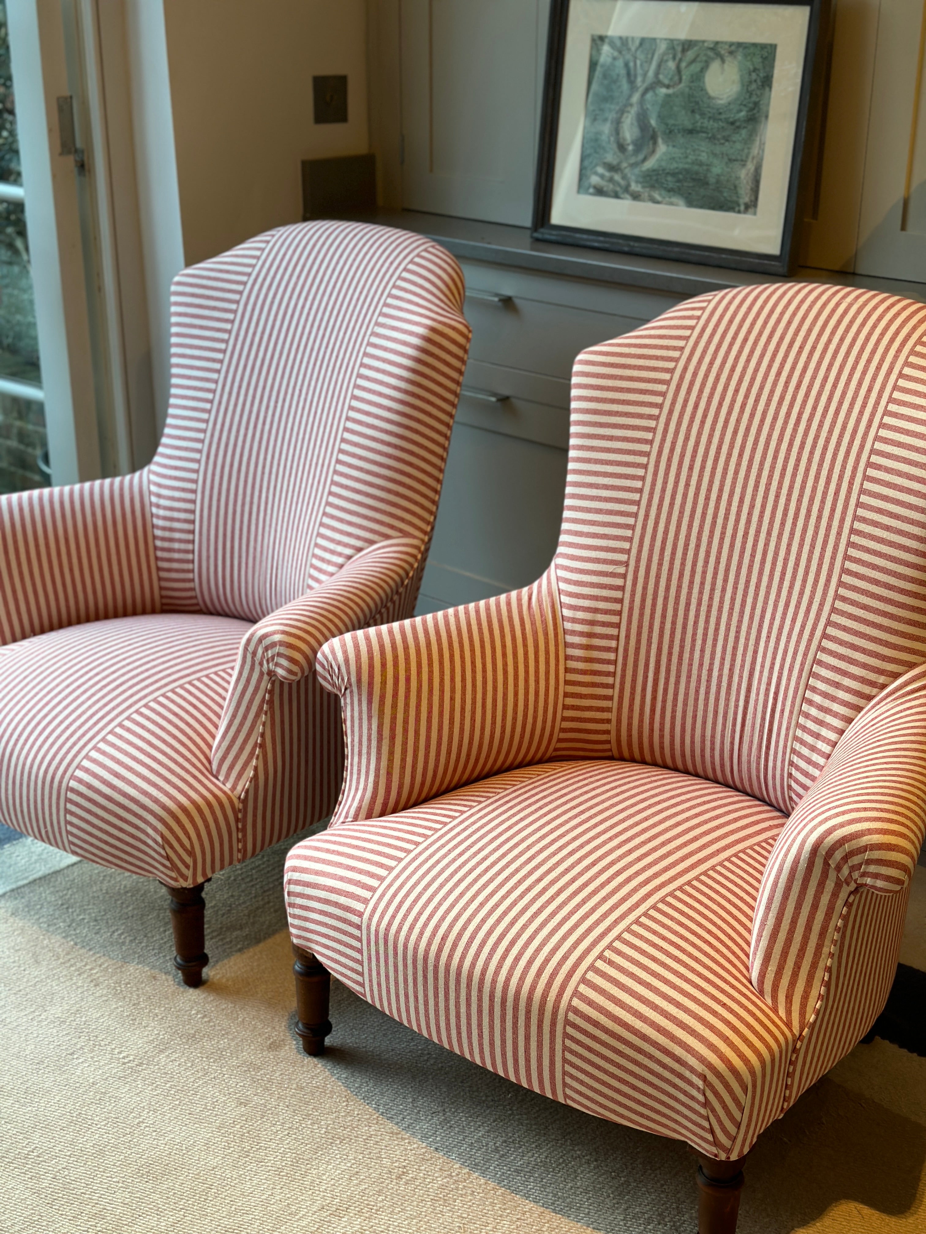 A Large Pair of Chapeau de Gendarme Chair in Red and White ticking