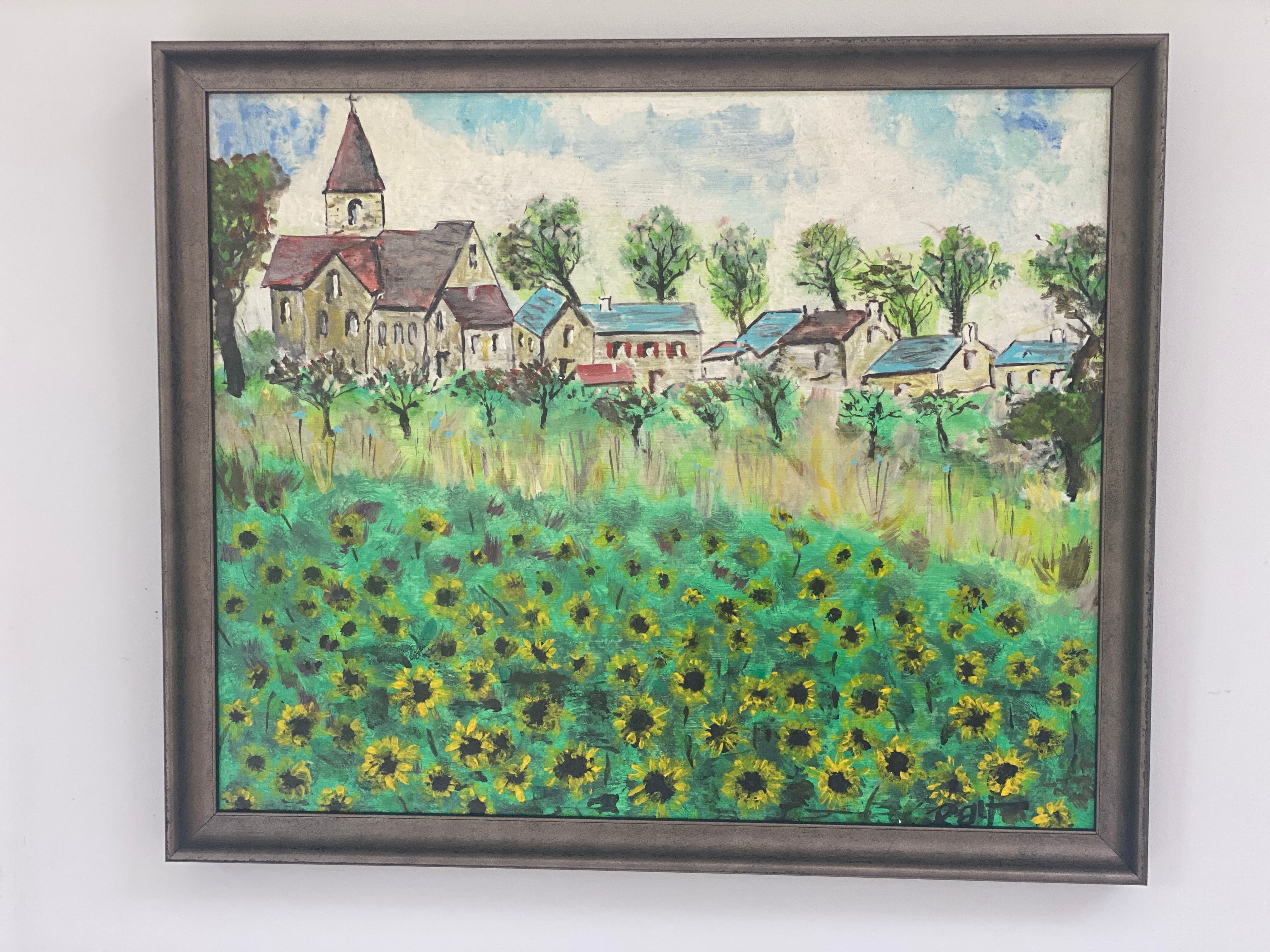 Village and Sunflowers Oil Painting