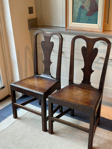Pair of Early 19th C Oak Chairs with Charming Backs
