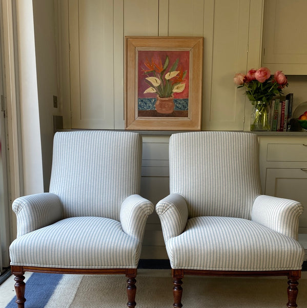 Pair Early C20th French Armchairs in Blue Ticking