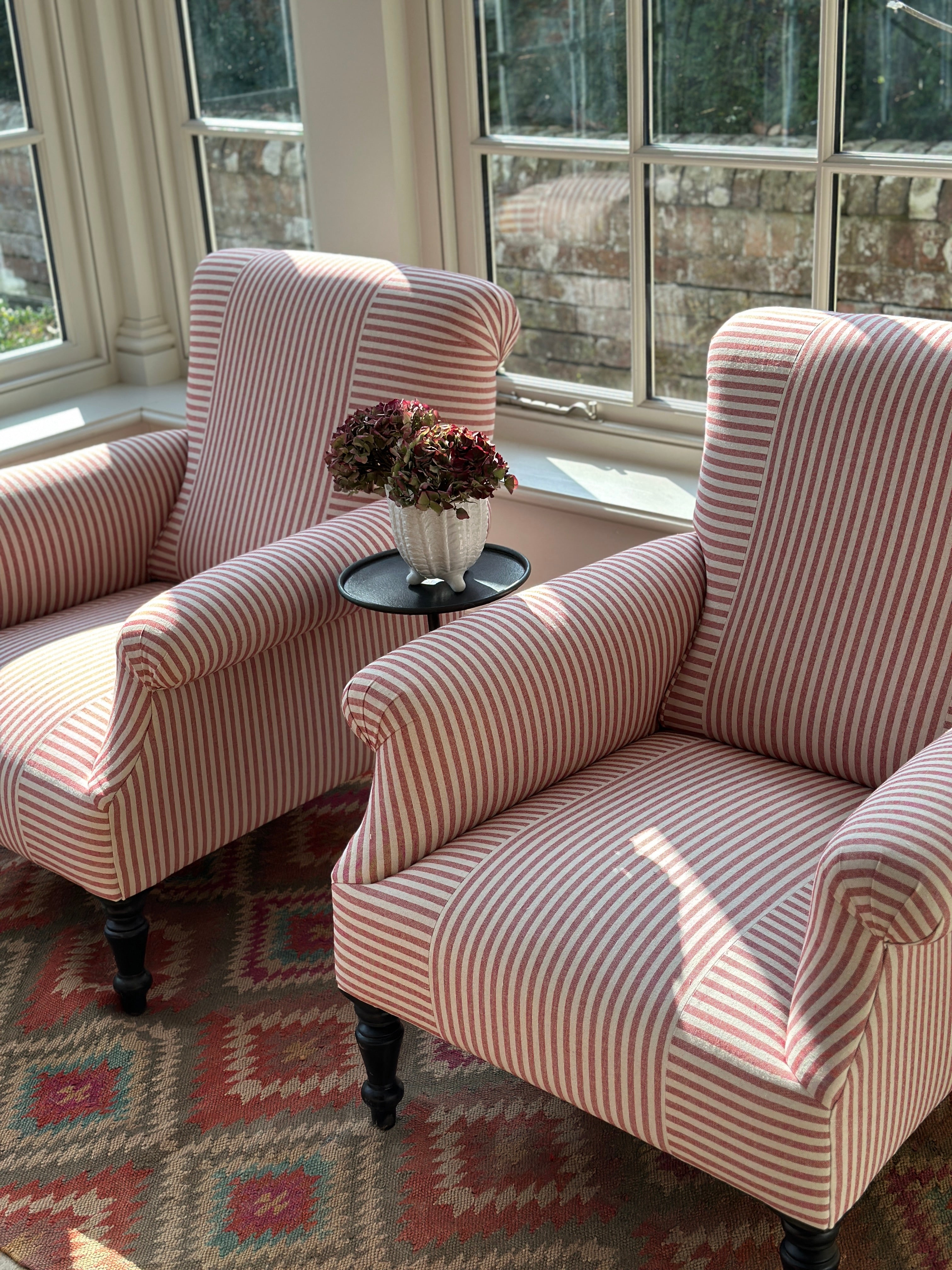 Pair of French Scroll back Armchairs on Red and White Ticking