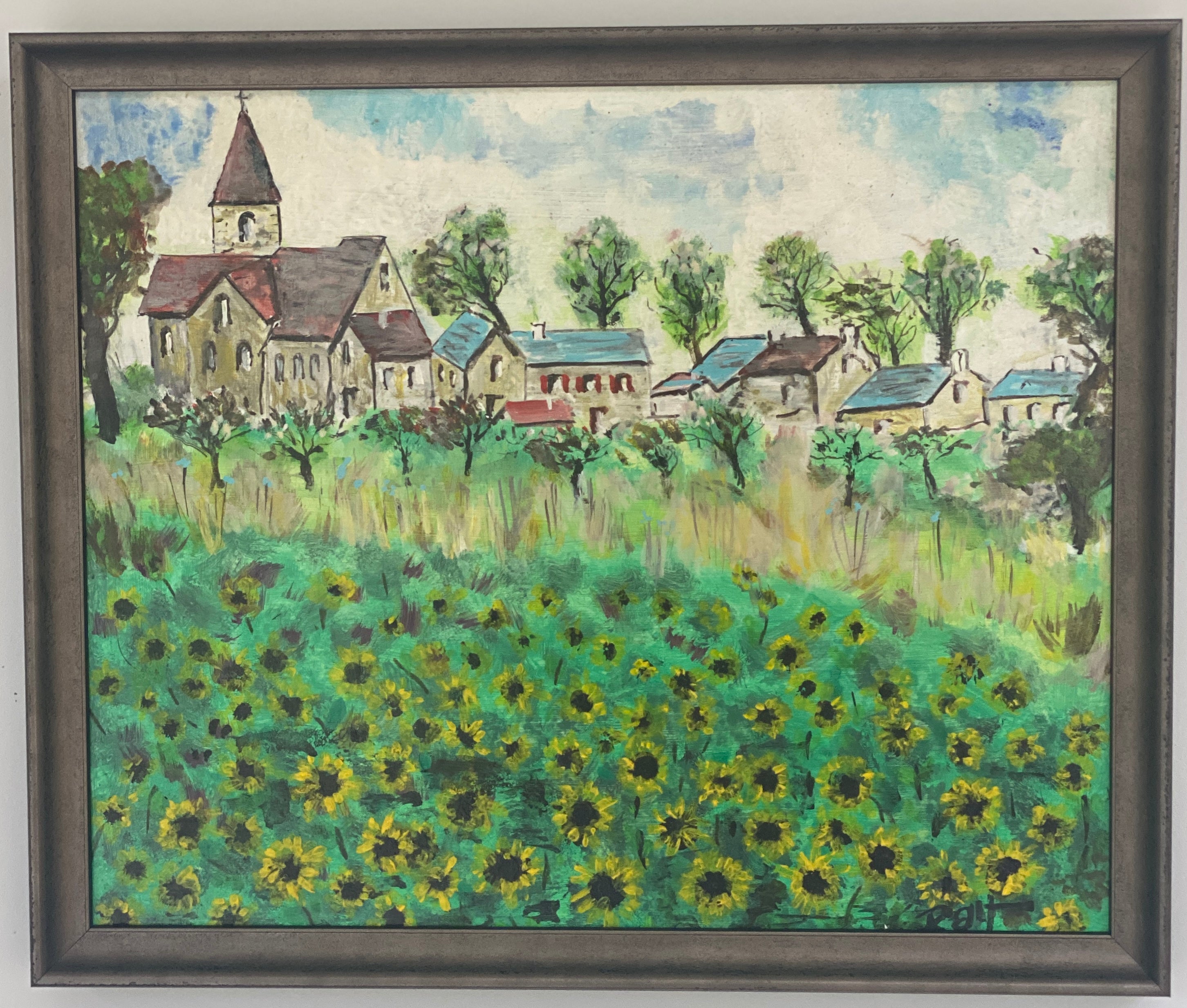 Village and Sunflowers Oil Painting