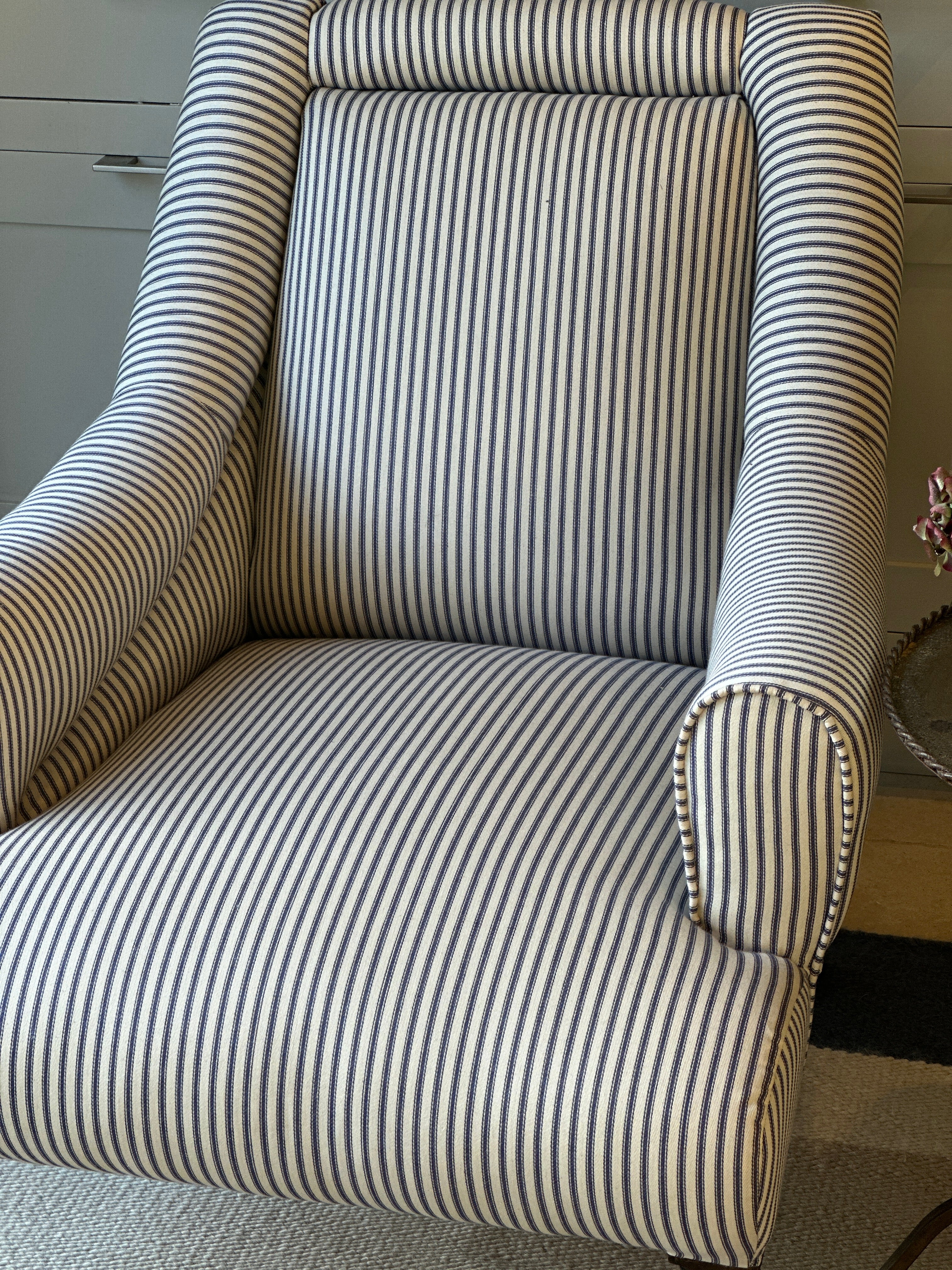 Large Antique English Armchair in a Navy stripe