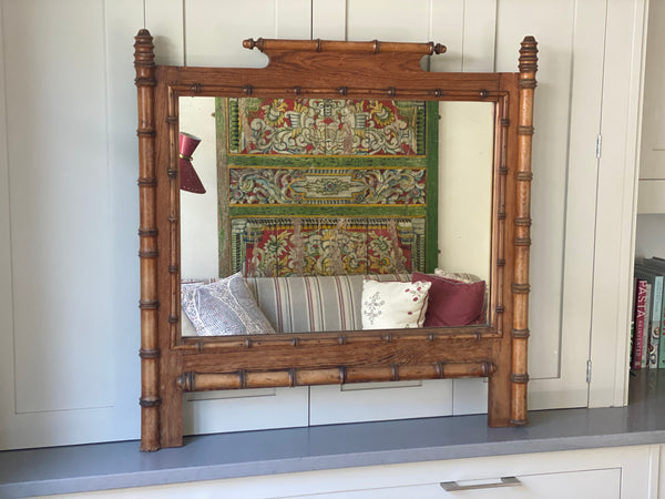 Large French Faux Bamboo Mirror in Oak with Finials