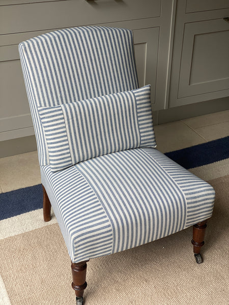 19th C French Slipper Chair in Blue & White Ticking