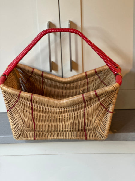 Small French Split Cane Basket with Red Handles