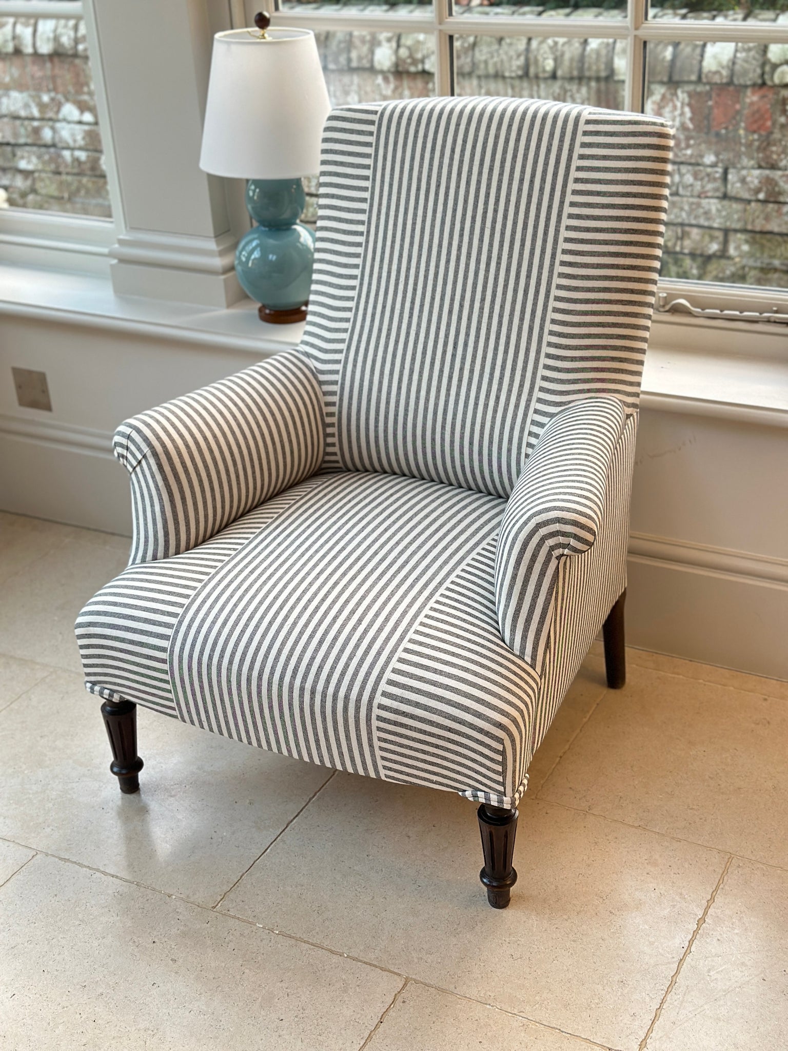 A Large Nap 3 Square Back Chair in Charcoal and White Ticking