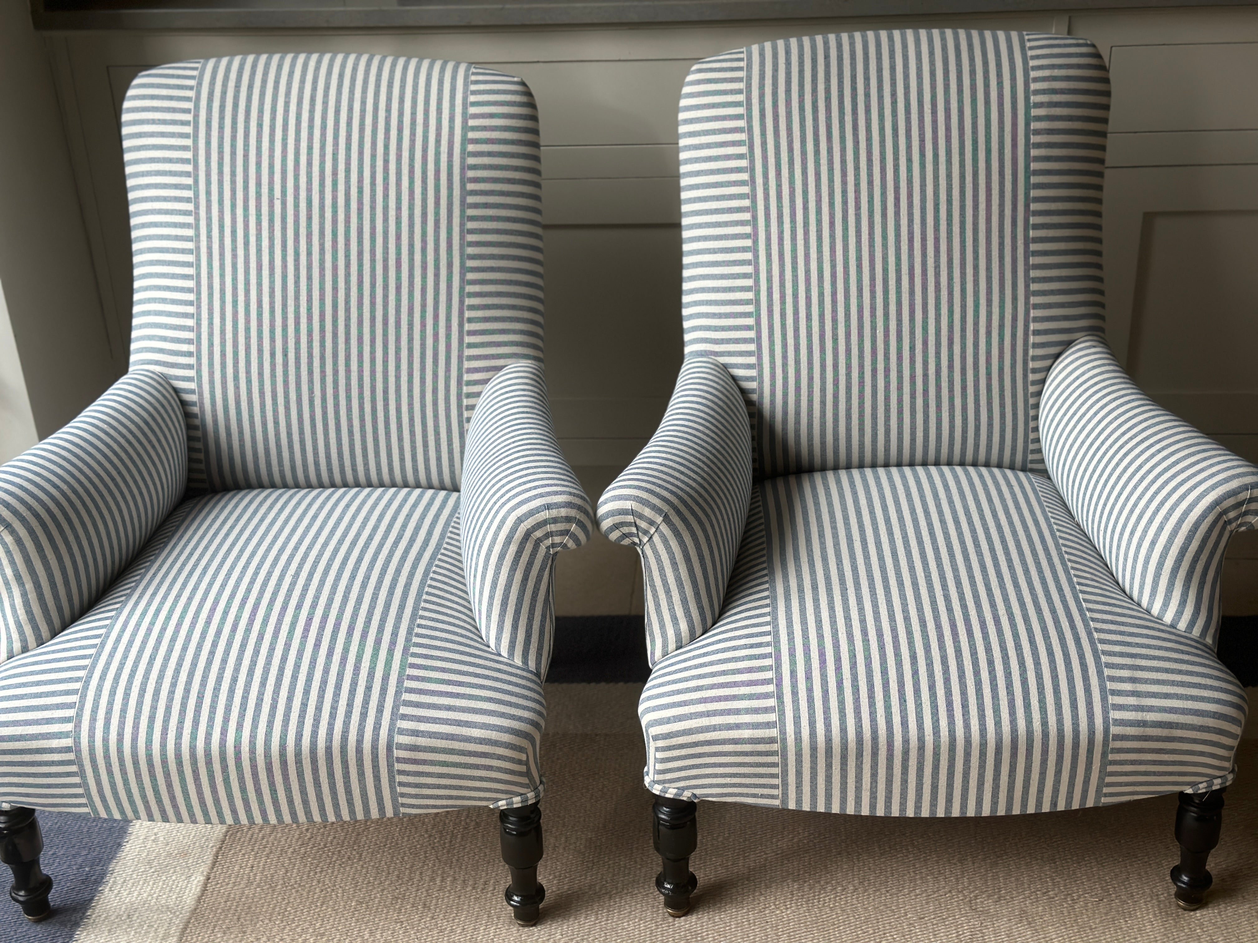 Pair of Nap 3 Armchairs in Blue & White Ticking