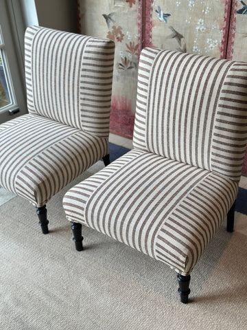 Pair of French Slipper Chairs in GG Olive Sacking Cocoa