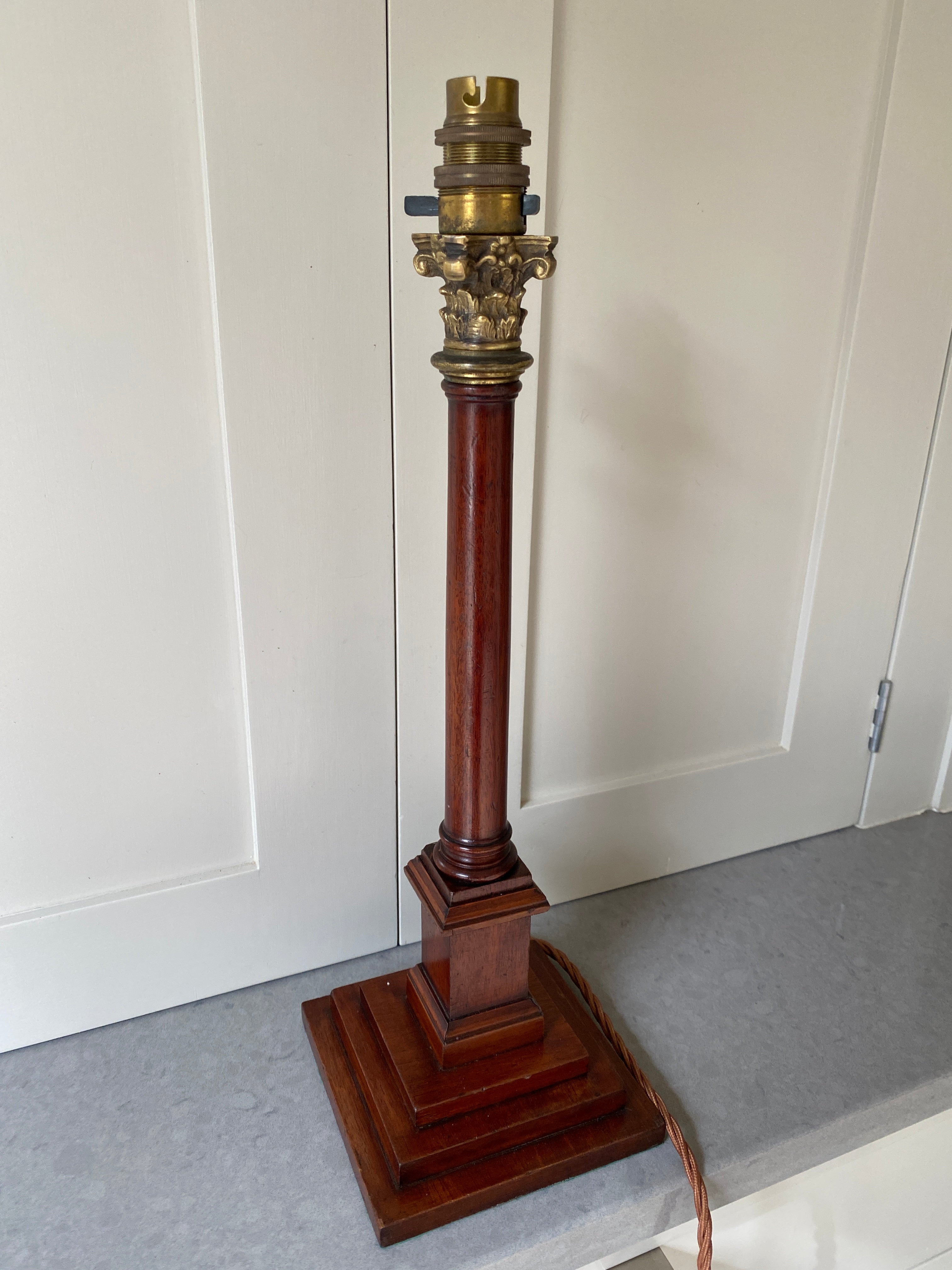 Mahogany and brass column candlestick lamp