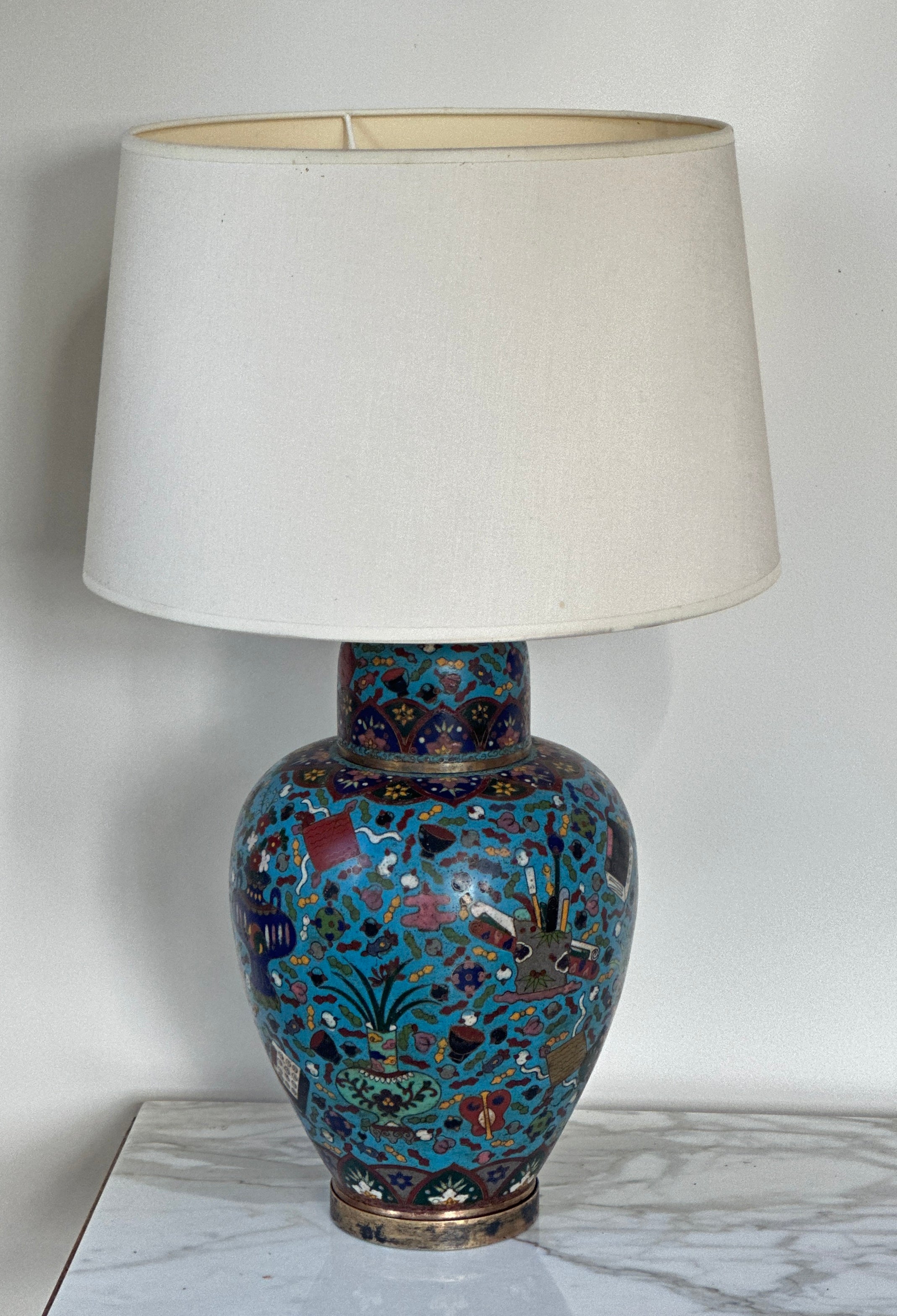 Antique Cloisonne Table Lamp on Brass Base